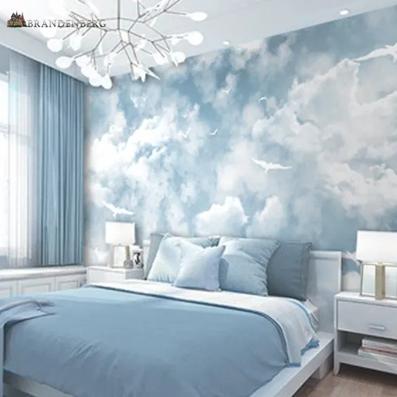 انتزاعی آسمان آبی رنگ سفید تصویر زمینه آسمان نقاشی دیواری ، منظره زیبا و آسمان با مرغهای سر به فلک کشیده اتاق خواب اتاق نشیمن دیوار دیوار نقاشی دیواری