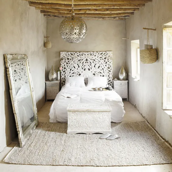 Geschnitztes 160 Bett-Kopfteil aus massm Mangoholz، weiß |  Maisons du Monde