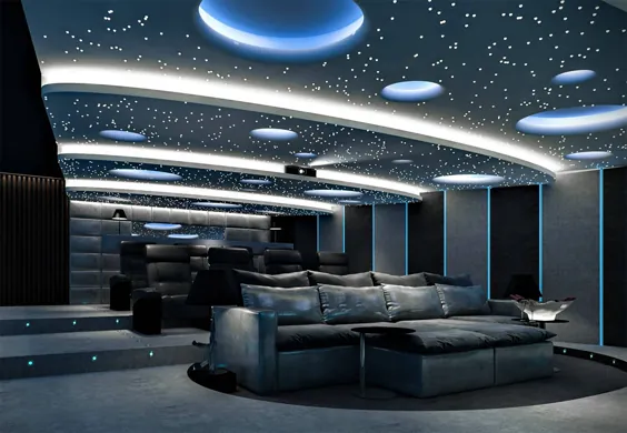 دکوراسیون تماشایی سینمای خانگی اتاق رسانه های سیاه و آبی با مبل های مقطعی و راحت