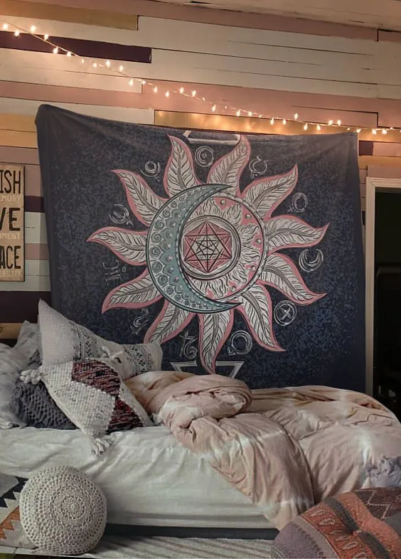 Alchemy Sun Moon Blue Boho Wall ملیله Hippy یوگا مراقبه ماندالا دیوار آویز