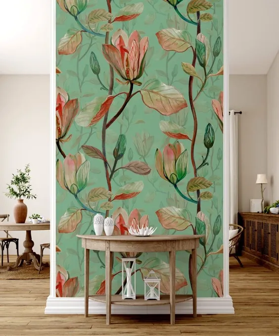 کاغذ دیواری گل آبرنگ با برگ و گل پاییز ، کاغذ دیواری سبز و پوست و استیک ، دیوار دیواری متحرک ، خود چسب