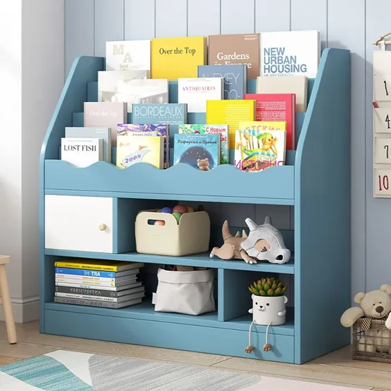 قفسه ذخیره سازی اسباب بازی برای کودکان و نوجوانان از کتابهای سفید / صورتی / آبی مدرن در ساخت پایان - آبی
