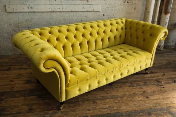 MODERN HANDMADE 3 SEATER BRIGHT CANARY YELLOW VELVET CHESTERFIELD SOFA، COUCH