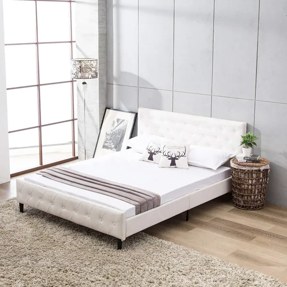 قاب تخت خواب چرم مصنوعی سفارشی Mecor White با پشتیبانی از تخته کف چوبی جامد و دکمه سر صفحه و پایه تخته دار ، سفید ، اندازه کامل