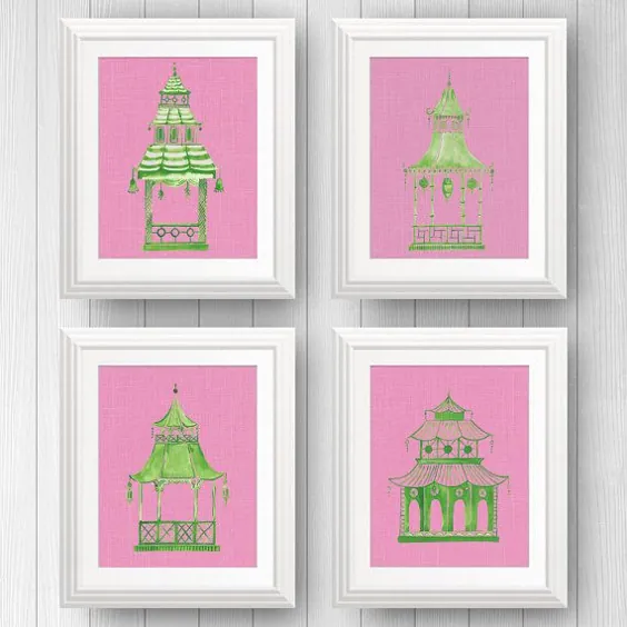Chinoiserie چاپ بتکده صورتی Pink Pagoda Wall Art |  اتسی