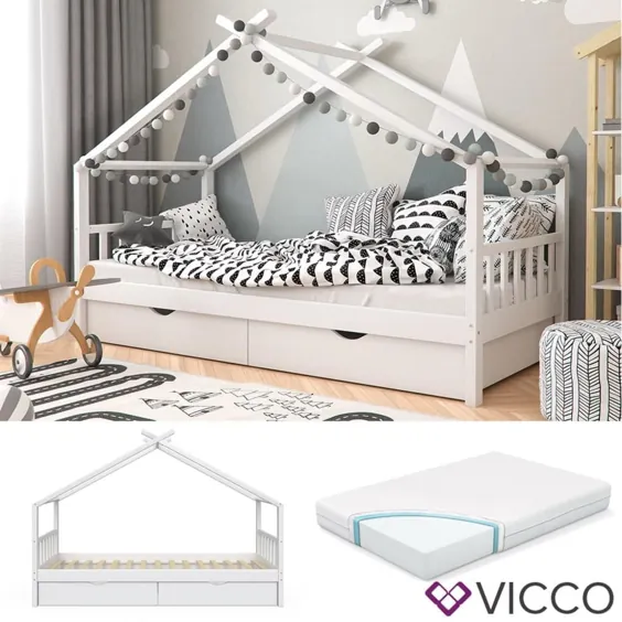 VitaliSpa Kinderbett DESIGN Hausbett mit Schubladen ، Lattenrost و 7-Zonen Matratze در