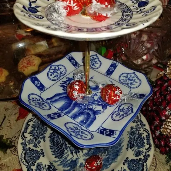 عروسی VINTAGE ، بید آبی ، پایه کیک Chinoiserie ، سینی خدمت ، Spode ، Staffordshire ، صفحات ناسازگار ، سفید آبی ، هدیه عروس