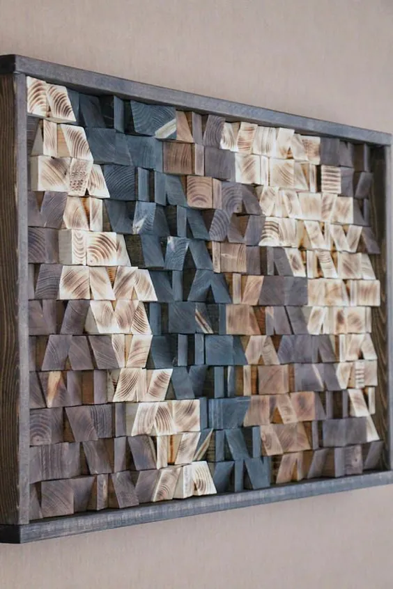 نقاشی دیواری چوبی بزرگ ، دیوار تزئینی چوبی ، سر صفحه ، الگوی هندسی ، موزاییک چوبی ، هنر هندسی ، 17x30