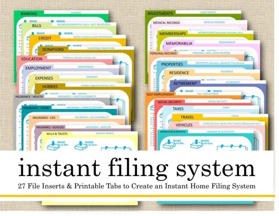 سیستم پر کردن فوری قابل چاپ ، 27 کارت پرونده / فهرست ، برگه های پرونده آویز از قبل چاپ شده ، سازمان دهنده کاغذ ، راهنمای بایگانی