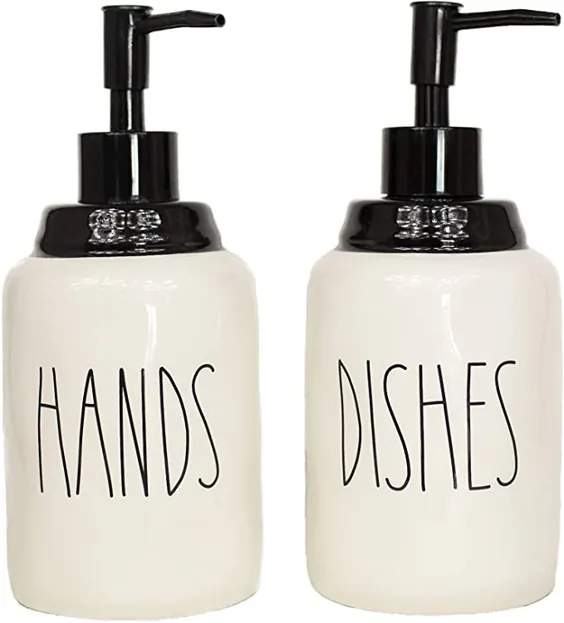 ظروف سرامیکی ظروف دستی و مایع دستی Cam n Honey - مناسب برای تزئینات پیشخوان آشپزخانه (14 اونس ، بطری های سفید با پمپ سیاه و حروف)
