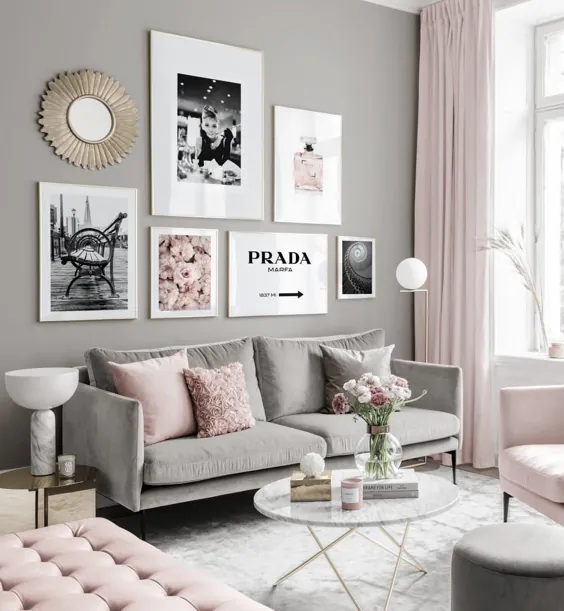 Moderne Bilderwand schwarzweiße پوستر rosafarbene Töne Goldrahmen