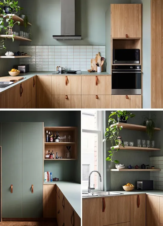 آشپزخانه مدرن - دیوارهای سبز ، کابینت های چوبی ، کاشی های سفید