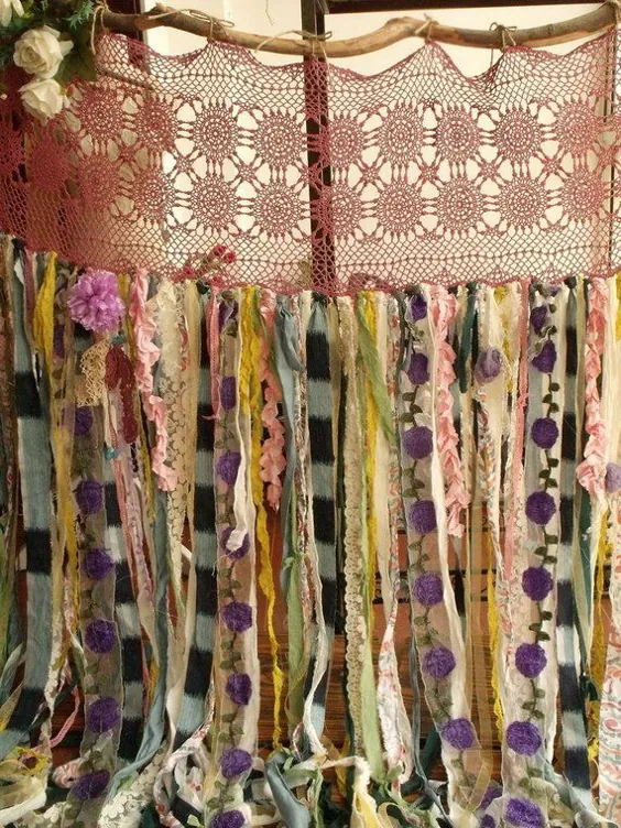 پرده سفالی 84 "طولانی Boho Garland Curtain Gypsy Hippie Glamping Junk Shower Rag Backdrop 7 Foot Long
