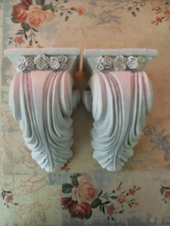 PAIR PRETTY CURTAIN ROD SCONCES WITH ROSES DISTRESSED FRENCH ~ VINTAGE STYLE