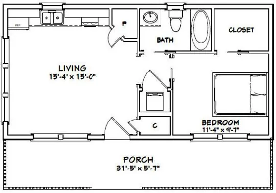 خانه 32x16 - 1 اتاق خواب 1 حمام - 512 فوت مربع - PDF Floor Plan - بارگیری فوری - مدل 1