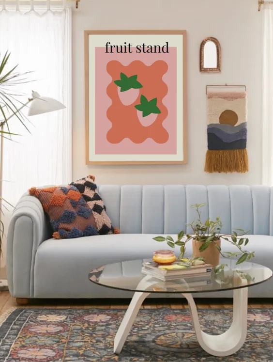 میوه ایستاده دیوار دیواری |  دکور اتاق |  چاپ توت فرنگی |  مرجان |  صورتی |  آویز دیواری پاستلی |  رنگ