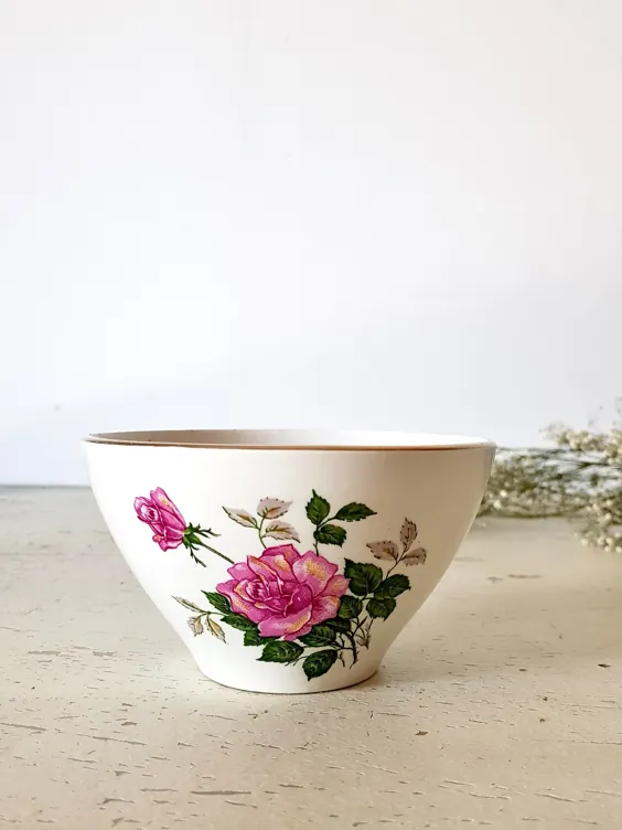 French Vintage KG LUNEVILLE Cafe au Lait Bowl with Pink Rose | اتسی