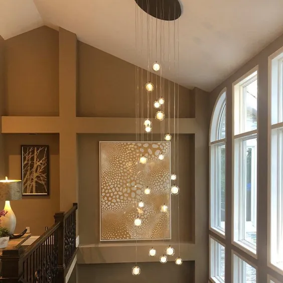 سرسرا-لوستر دو طبقه-انعکاس- روشنایی آویز-شیشه ای-روشن ، چراغ های شیشه ای-مدرن-دمیده-مدرن-پله ای.