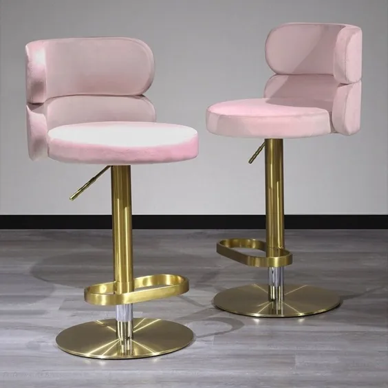 چهارپایه میله گردان با روکش تکیه گاه صندلی مخملی صورتی قابل تنظیم با روکش طلایی
