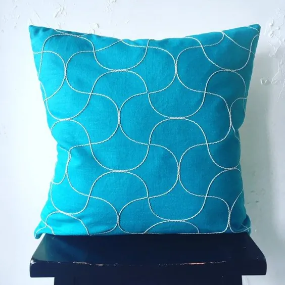 روتختی بالش تزئینی Teal 22x22 آبی پارچه کتانی Jonathan Adler | اتسی