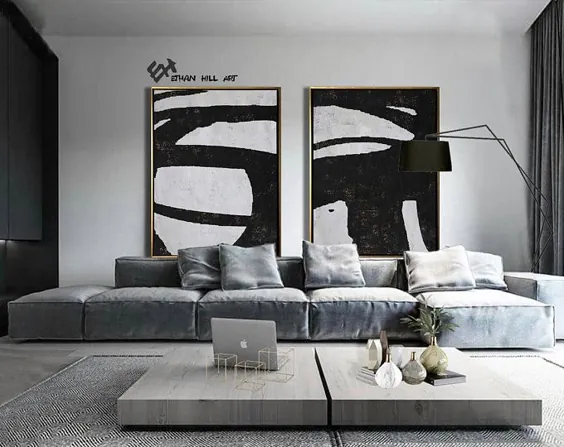 مجموعه Große von 2 Malerei، Set von 2 Wand-Kunst-Set، Leinwand Malerei، von Hand bemalt abstrakte Malerei، schwarz weiß braun - Ethan Hill Kunst Nr.P72