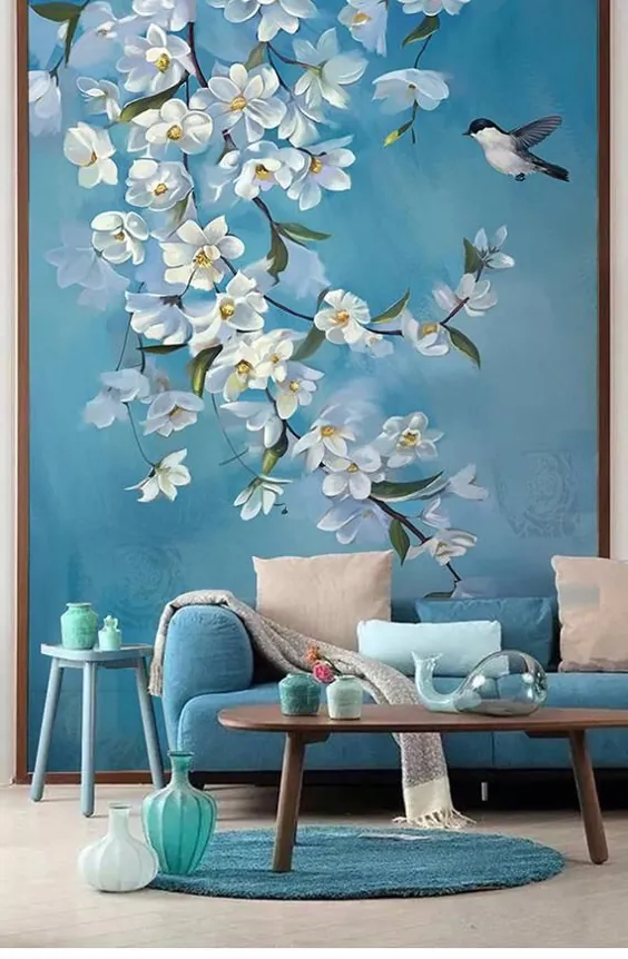 گل نقاشی رنگ روغن و کاغذ دیواری پرنده نقاشی دیواری آبی رنگ |  اتسی