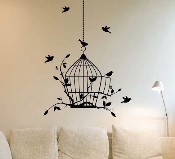 برچسب دیواری Birdcage and Birds Decal Art Decal Home Feature Wall - ساخت سفارشی هر رنگ و سایز