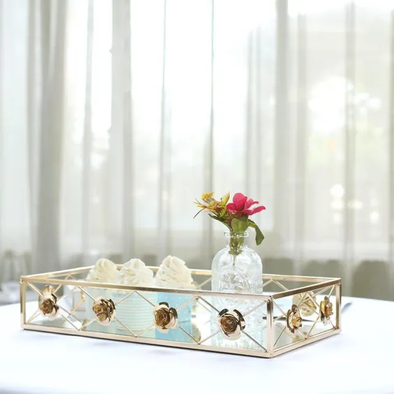 مجموعه ای از 2 - سینی های تزئینی تزئینی فلز طلا - سینی های غرور آینه ای مستطیل گلدار - 19 "x12" - 15 "x8"