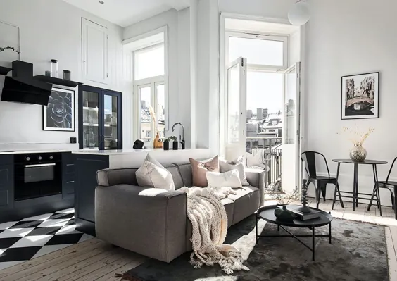apartment آپارتمان طرح باز و سیاه و سفید کوچک با اتاق خواب مینیاتوری (35 متر مربع)〛 ◾ عکس ◾ ایده ها ◾ طراحی
