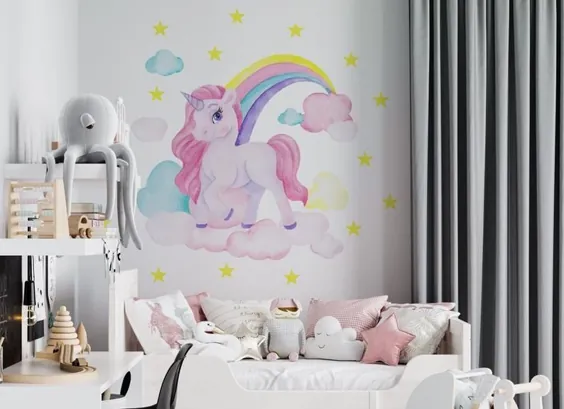 برچسب دیواری Osomhome Unicorn با رنگین کمان ، ستارگان و ابرها