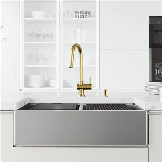 سینک ظرفشویی آشپزخانه استیل ضد زنگ ویگو آکسفورد با شیر طلای مات - دو کاسه - 41 اینچ VG15959 - رینو دپو
