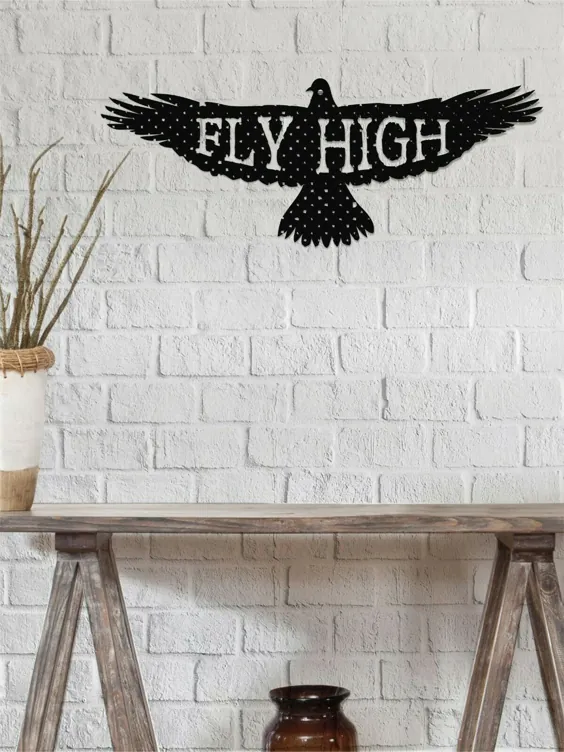 دکور دیوار فلزی عقاب ، دیوار فلزی مشکی "Fly High" ، دیوار آویز سیاه پرنده