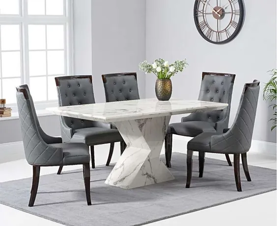 میز ناهار خوری سنگ مرمر سفید 160 سانتی متر هارون با صندلی های غذاخوری گلپر