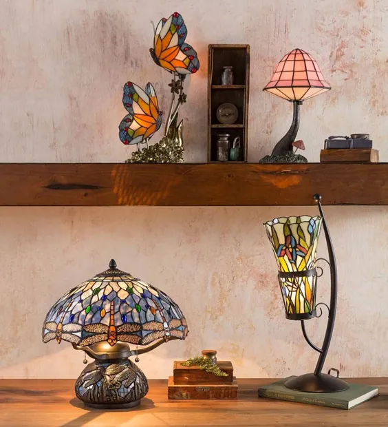 چراغ میز شیشه ای رنگی به سبک تیفانی با نقوش سنجاقک و پایه فلزی |  لامپ و روشنایی |  لوازم خانگی |  باد و هوا