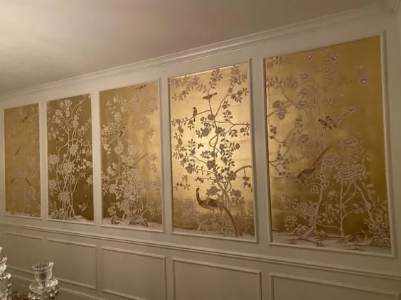 کاغذ دیواری Chinoiserie / دستمال کاغذ دیواری فویل طلای طلاکاری شده روی ابریشم ، قیمت یک تابلو 33 ”X 63” است