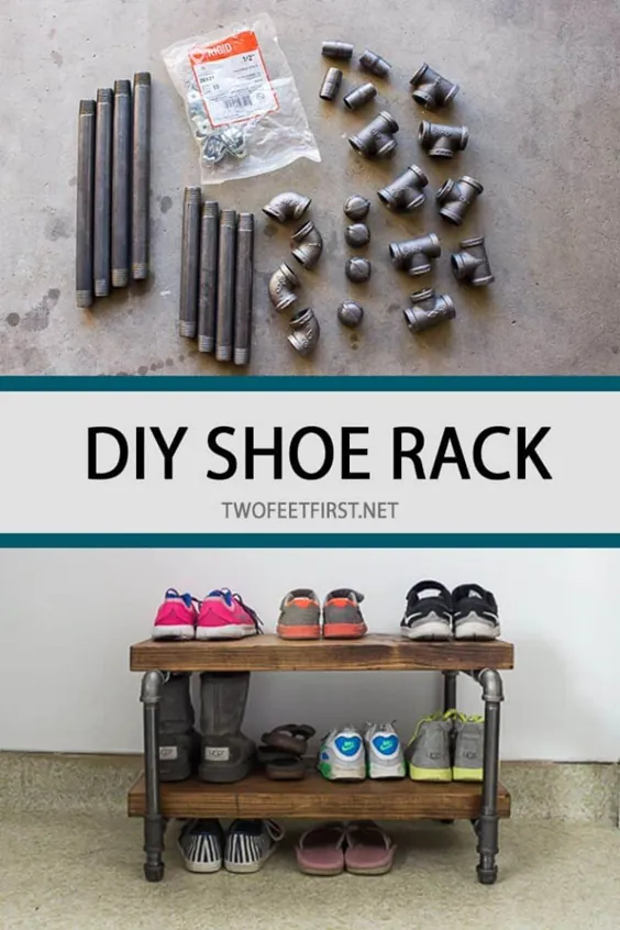 قفسه کفش صنعتی DIY با لوله و چوب - TwoFeetFirst