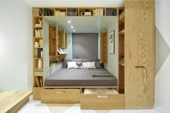 این اتاق خواب روسی پر از فضای ذخیره سازی و سبک است - زندگی در جعبه کفش