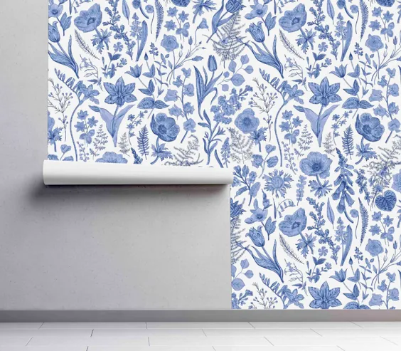 کاغذ دیواری خود چسب متحرک Vintage Blue Floral |  اتسی