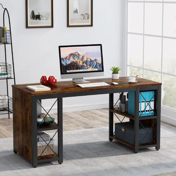 میز کامپیوتر با میز نوشتن قفسه های ذخیره سازی برای دفتر خانه