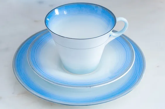 Shelley Blue Art Deco Regent Shape Tea Cup Trio دهه 1930 | اتسی