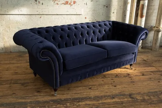 مبل دست ساز انگلیسی جوهر دریایی Blue Velvet Chesterfield