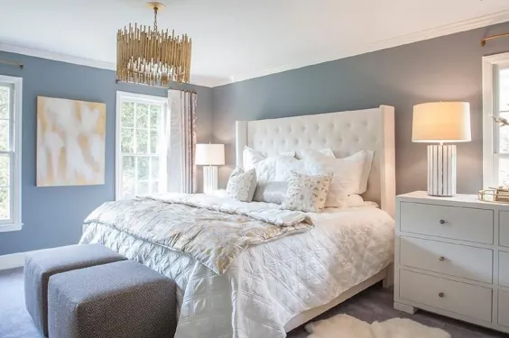 اتاق خواب سفید و آبی با آویز برگ طلایی - انتقالی - اتاق خواب