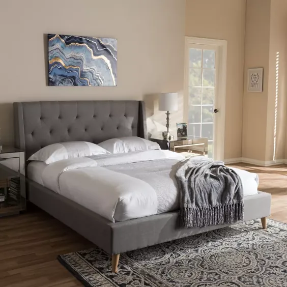 تختخواب پلاستیکی تودوزی پارچه ای مدرن آدلاید - ملکه - خاکستری روشن - استودیو باکتون