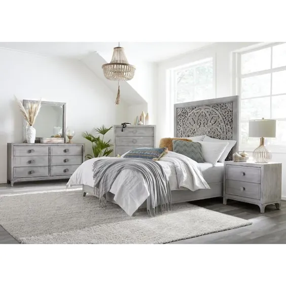 تختخواب Modus Boho Chic Washed White California King Platform Bed Lowes.com