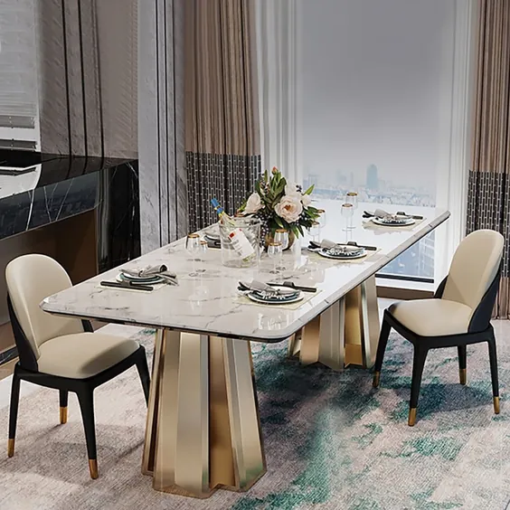 میز ناهار خوری مستطیلی 70/9 اینچ از جنس استنلس استیل از جنس مرمر مصنوعی از جنس طلا