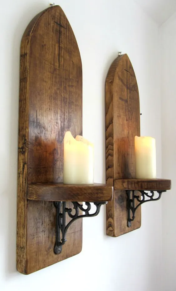 PAIR OF HUGE 80CM GOTHIC ARCH RUSTIC SOLID PLANK WOOD WALL SCONCE نگهدارنده شمع |  eBay