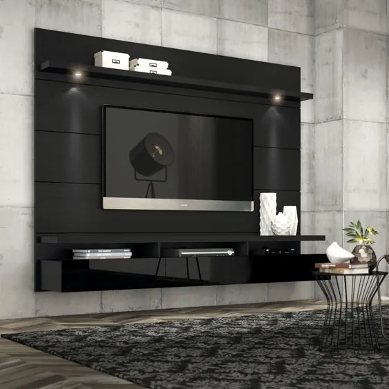 Manhattan Comfort Cabrini 86 in. مرکز سرگرمی Black Gloss و Black Matte با 3 کشو متناسب با تلویزیون های حداکثر 70 اینچ با Wall Panel-23353 - The Home Depot