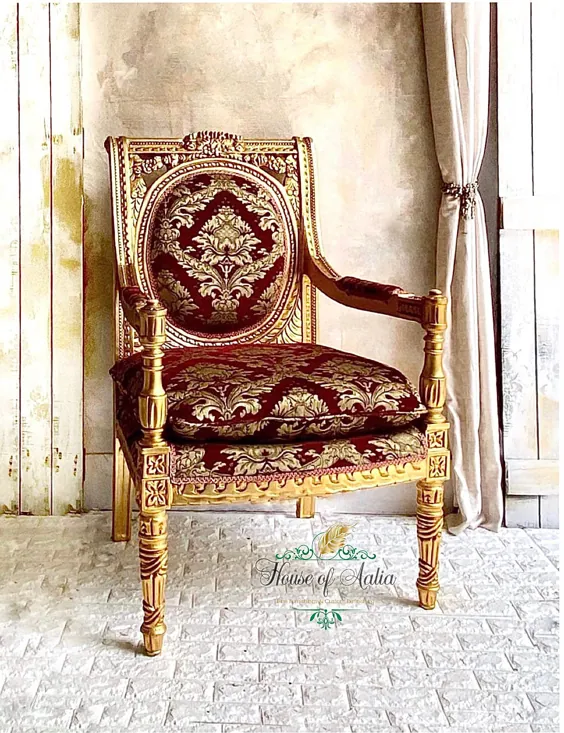 صندلی روکوکو صندلی تخت طلای قرمز و طلای طلایی |  اتسی