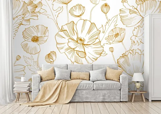 کاغذ دیواری گلهای خشخاش زرد دیوار کاغذ دیواری خود چسب |  اتسی