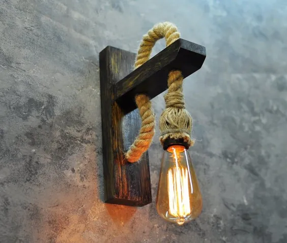 مجموعه ای از 2 لامپ چوبی با طناب طناب دیوار ادیسون شمع های پلاستیکی آویز روستایی در روشنایی آویز چوبی مدرن